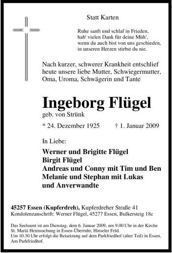 Traueranzeige von Ingeborg Flügel von Tageszeitung