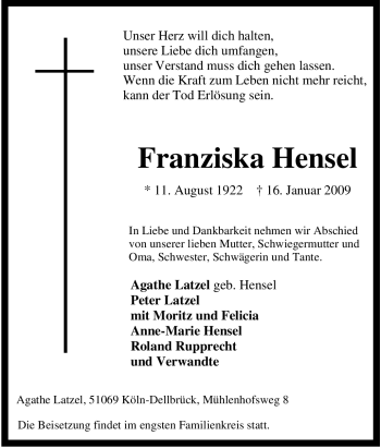 Traueranzeige von Franziska Hensel von Tageszeitung