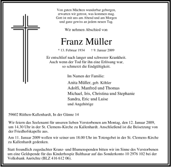 Traueranzeige von Franz Müller von Tageszeitung