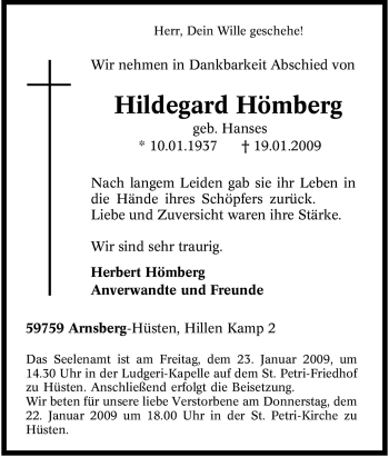 Traueranzeige von Hildegard Hömberg von Tageszeitung