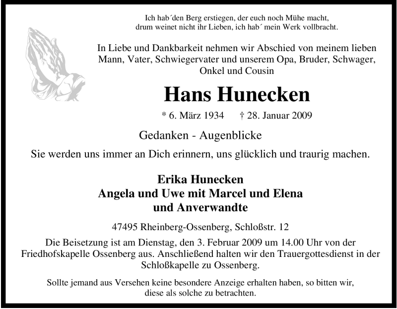  Traueranzeige für Hans Hunecken vom 31.01.2009 aus Tageszeitung