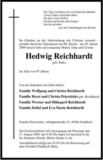 Traueranzeige von Hedwig Reichhardt von Tageszeitung