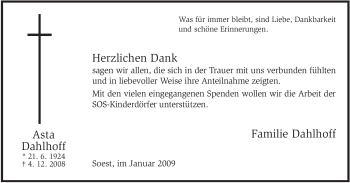 Traueranzeige von Asta Dahlhoff von Tageszeitung