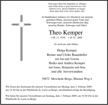 Traueranzeige von Theo Kemper von Tageszeitung