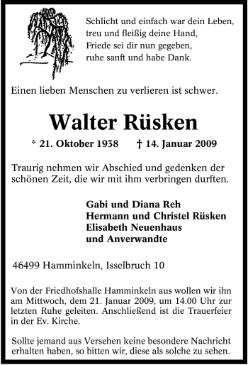 Traueranzeige von Walter Rüsken von Tageszeitung
