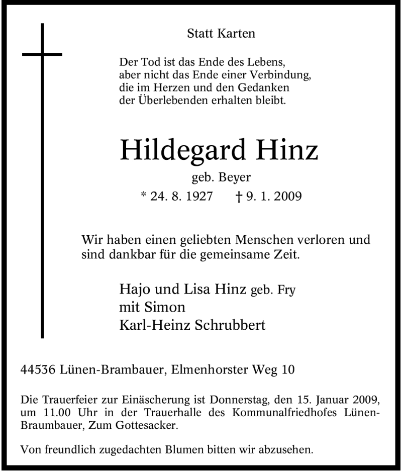  Traueranzeige für Hildegard Hinz vom 13.01.2009 aus Tageszeitung