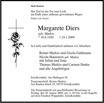 Traueranzeige von Margarete Diers von Tageszeitung
