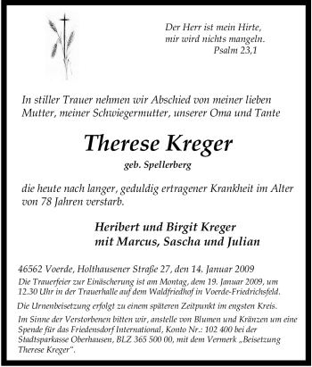 Traueranzeige von Therese Kreger von Tageszeitung