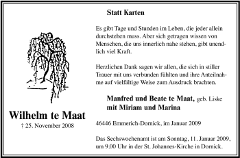 Traueranzeige von Wilhelm te Maat von Tageszeitung