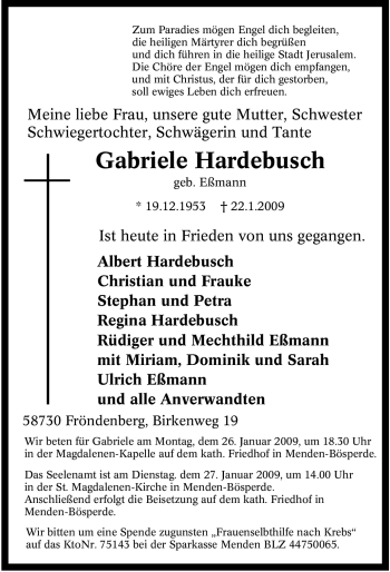 Traueranzeige von Gabriele Hardebusch von Tageszeitung