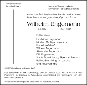Traueranzeige von Wilhelm Engemann von Tageszeitung