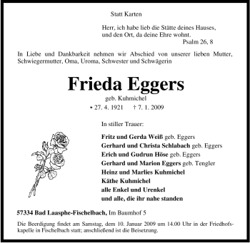 Traueranzeige von Frieda Eggers von Tageszeitung