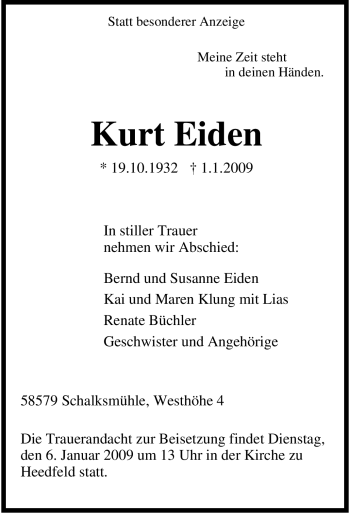 Traueranzeige von Kurt Eiden von Tageszeitung