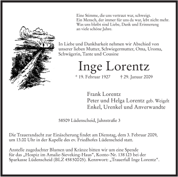 Traueranzeige von Inge Lorentz von Tageszeitung