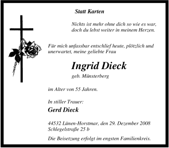 Traueranzeige von Ingrid Dieck von Tageszeitung
