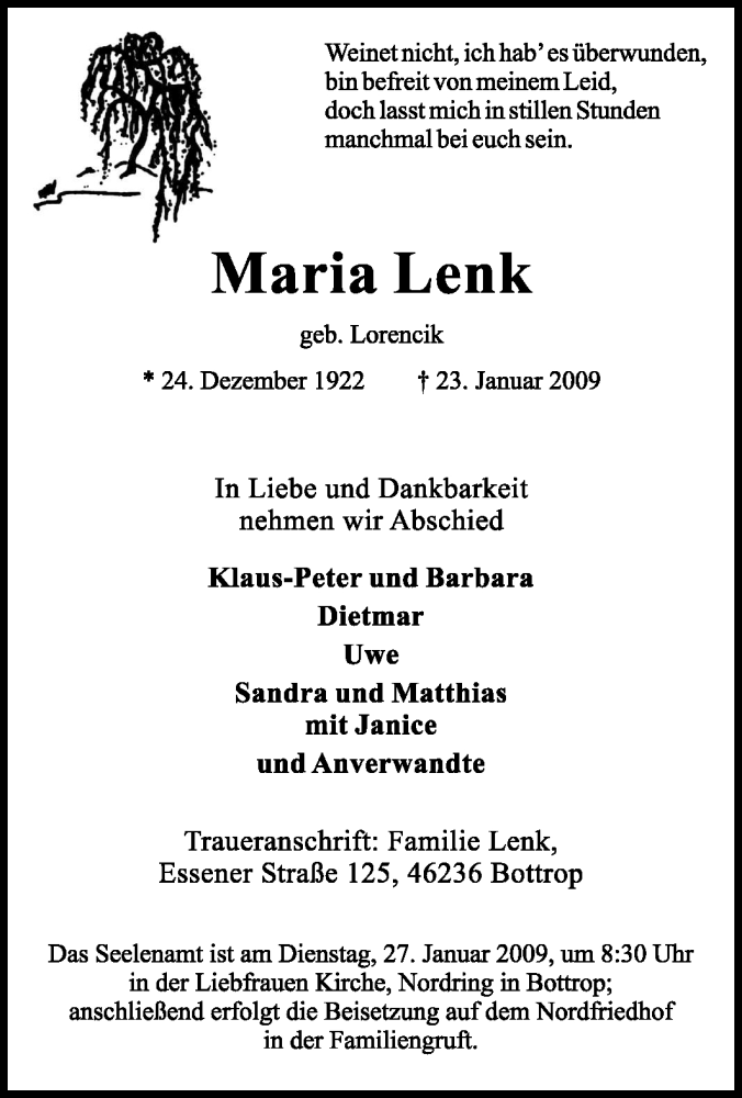  Traueranzeige für Maria Lenk vom 24.01.2009 aus Tageszeitung