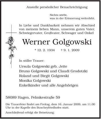 Traueranzeige von Werner Golgowski von Tageszeitung