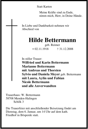 Traueranzeige von Hilde Bettermann von Tageszeitung