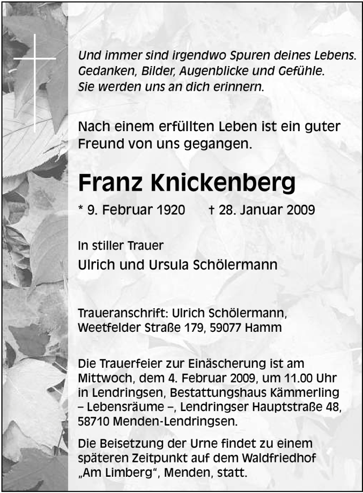  Traueranzeige für Franz Knickenberg vom 31.01.2009 aus Tageszeitung