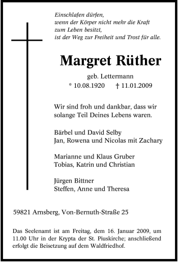 Traueranzeige von Margret Rüther von Tageszeitung