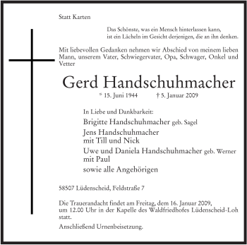 Traueranzeige von Gerd Handschuhmacher von Tageszeitung