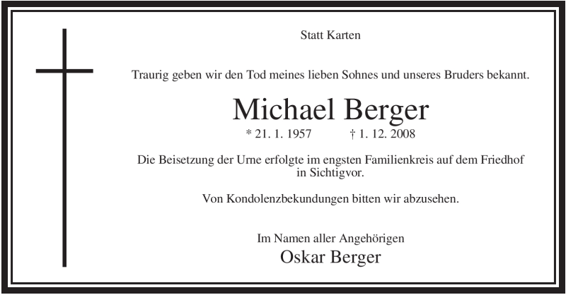  Traueranzeige für Michael Berger vom 21.01.2009 aus Tageszeitung
