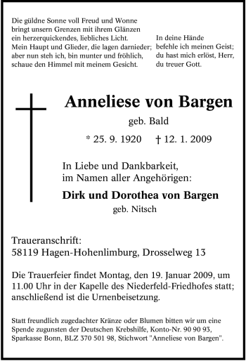 Traueranzeige von Anneliese von Bargen von Tageszeitung