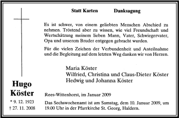 Traueranzeige von Hugo Köster von Tageszeitung