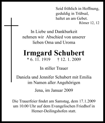 Traueranzeige von Irmgard Schubert von Tageszeitung