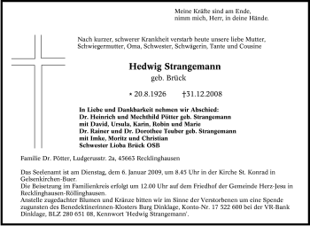 Traueranzeige von Hedwig Strangemann von Tageszeitung