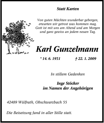 Traueranzeige von Karl Gunzelmann von Tageszeitung