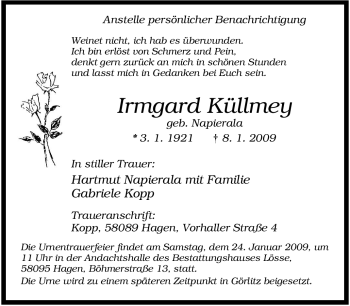 Traueranzeige von Irmgard Küllmey von Tageszeitung