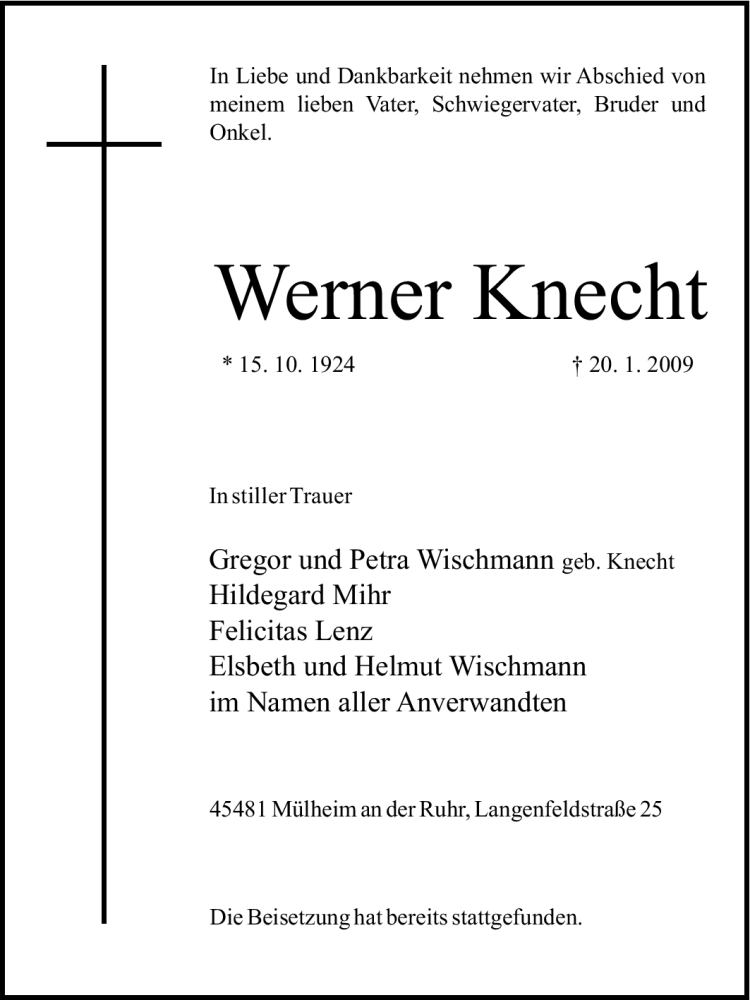 Traueranzeigen von Werner Knecht TrauerinNRW.de