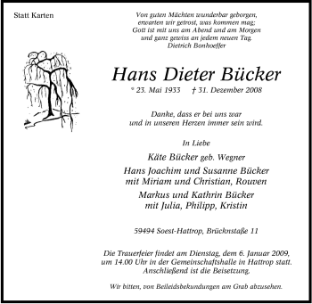 Traueranzeige von Hans Dieter Bücker von Tageszeitung