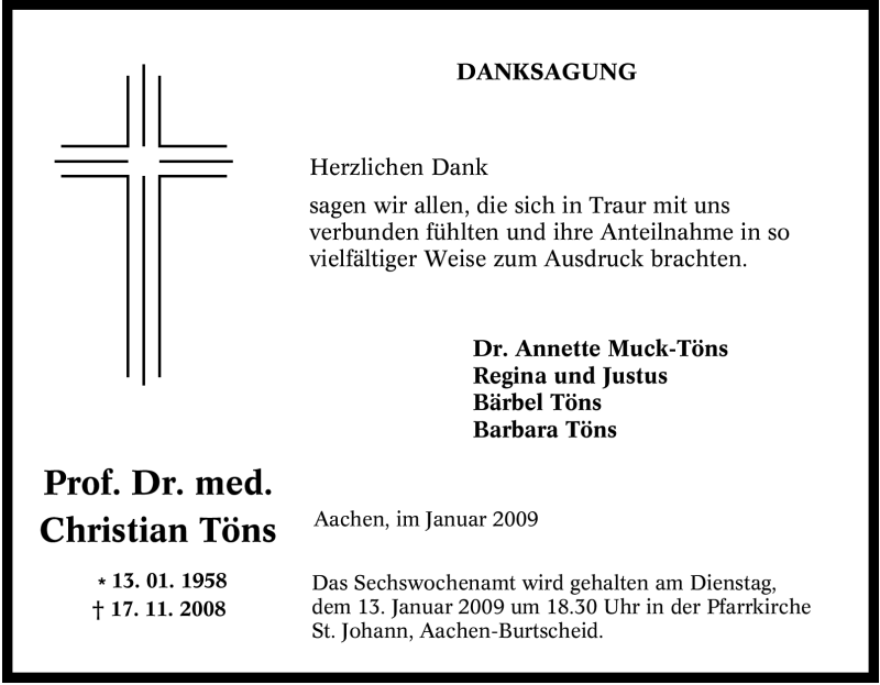  Traueranzeige für Christian Töns vom 09.01.2009 aus Tageszeitung