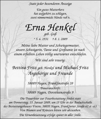 Traueranzeige von Erna Henkel von Tageszeitung