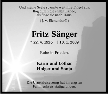 Traueranzeige von Fritz Sänger von Tageszeitung