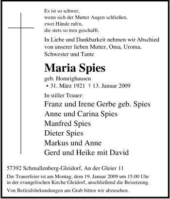 Traueranzeige von Maria Spies von Tageszeitung