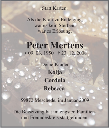 Traueranzeige von Peter Mertens von Tageszeitung