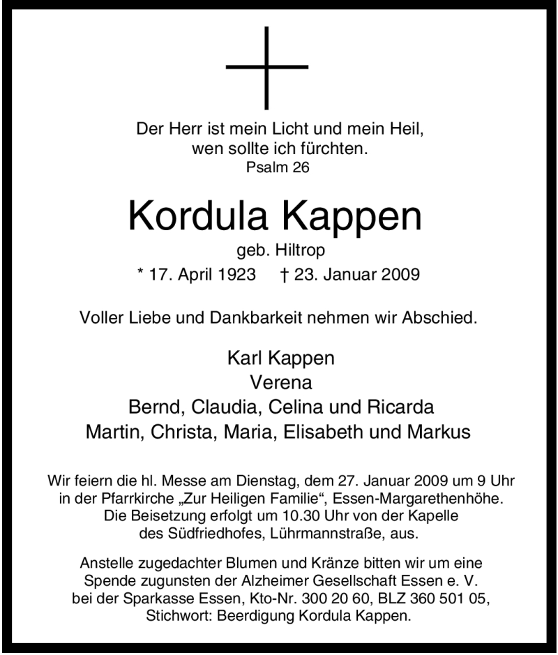  Traueranzeige für Kordula Kappen vom 24.01.2009 aus Tageszeitung