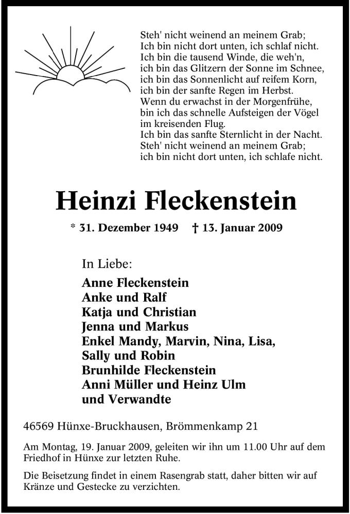  Traueranzeige für Heinzi Fleckenstein vom 15.01.2009 aus Tageszeitung