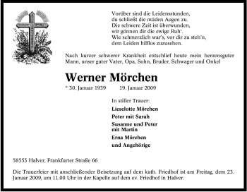 Traueranzeige von Werner Mörchen von Tageszeitung