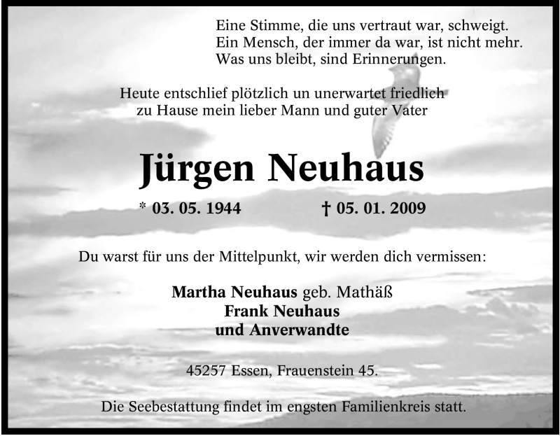  Traueranzeige für Jürgen Neuhaus vom 10.01.2009 aus Tageszeitung