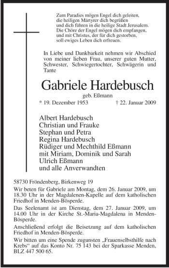 Traueranzeige von Gabriele Hardebusch von Tageszeitung