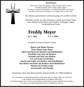 Traueranzeigen von Freddy Meyer TrauerinNRW.de
