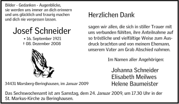 Traueranzeige von Josef Schneider von Tageszeitung