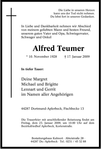 Traueranzeige von Alfred Teumer von Tageszeitung