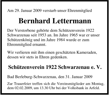 Traueranzeige von Bernhard Lettermann von Tageszeitung