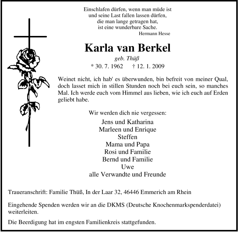  Traueranzeige für Karla van Berkel vom 19.01.2009 aus Tageszeitung