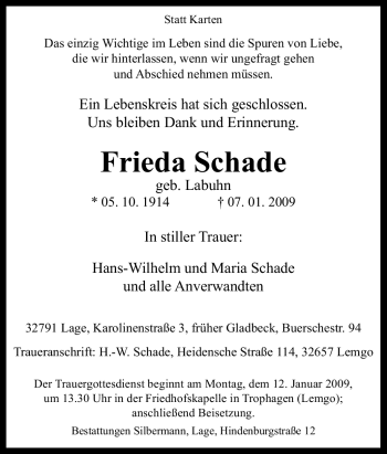 Traueranzeige von Frieda Schade von Tageszeitung